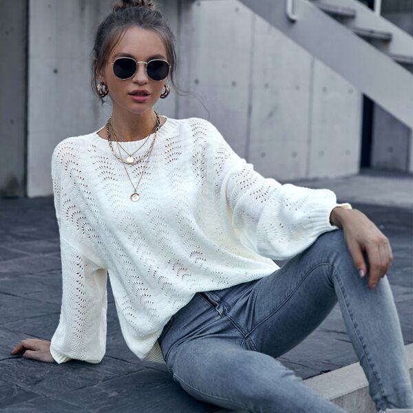 

Solid Drop Shoulder Pointelle Knit Sweater, White
