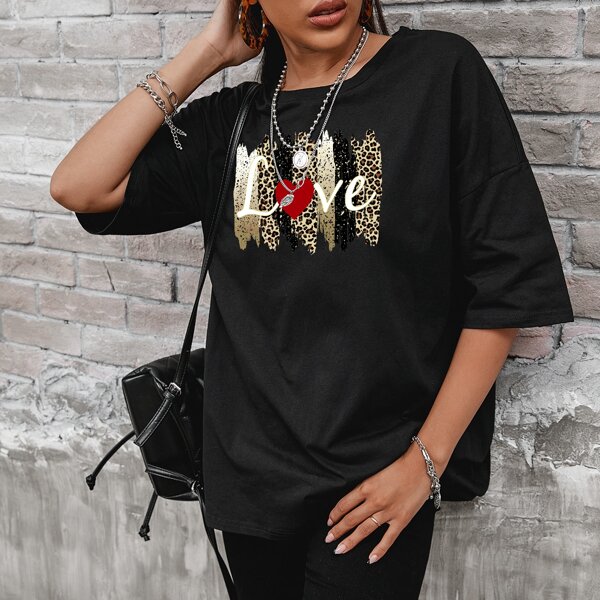 

Leopard And Letter Graphic Tee, Black