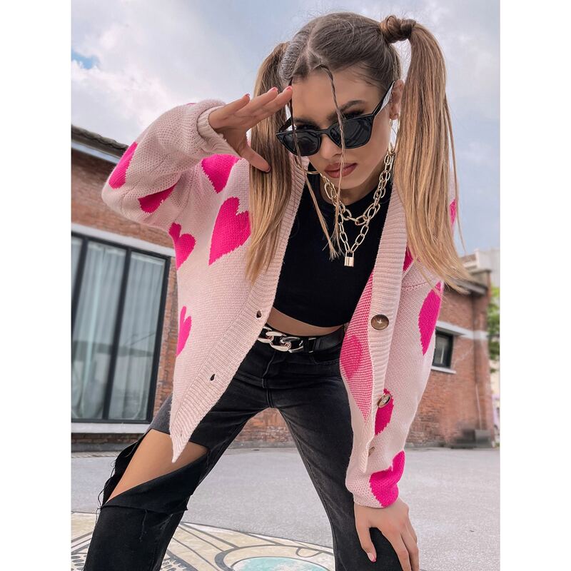 

Heart Pattern Button Front Cardigan, Pink