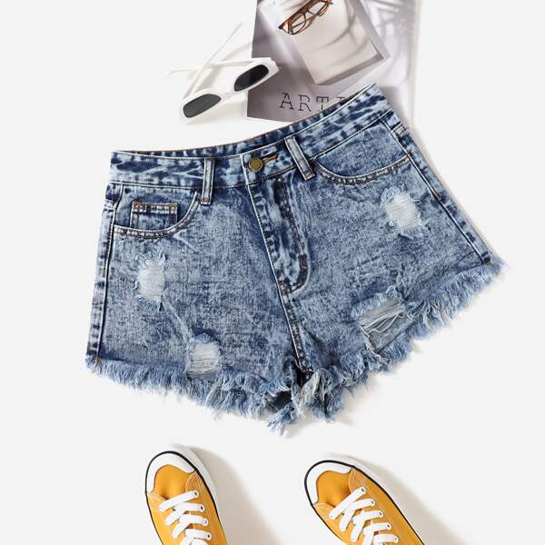 

Ripped Fringe Hem Denim Shorts, Light wash