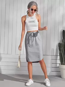 SHEIN Essnce 前繫帶前短後長弧形下擺半身裙
