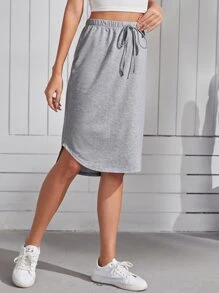 SHEIN Essnce 前繫帶前短後長弧形下擺半身裙