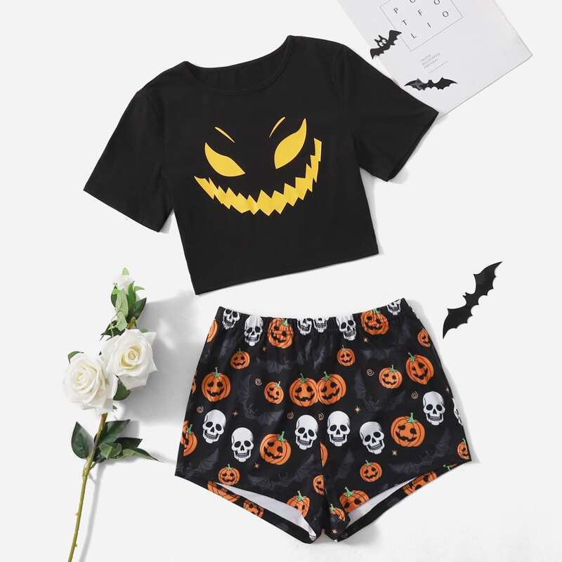 

Halloween Pumpkin & Skull Print PJ Set, Multicolor