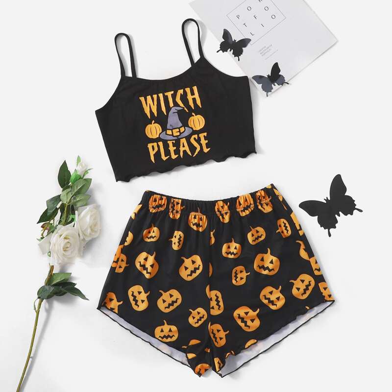 

Halloween Print Cami PJ Set, Black