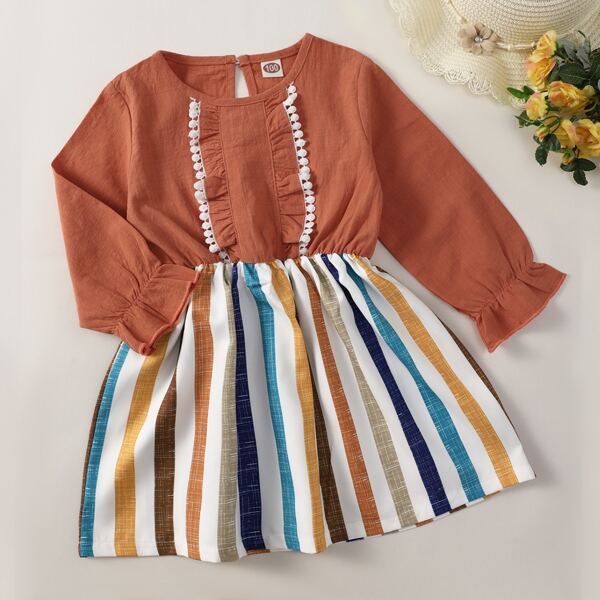 

Toddler Girls Flounce Sleeve Block Striped 2 In 1 Dress, Multicolor