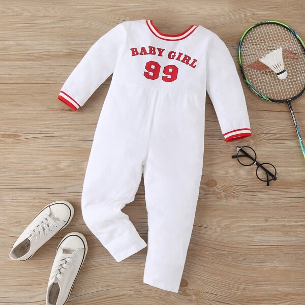 

Toddler Girls Letter Graphic Contrast Trim Jumpsuit, White