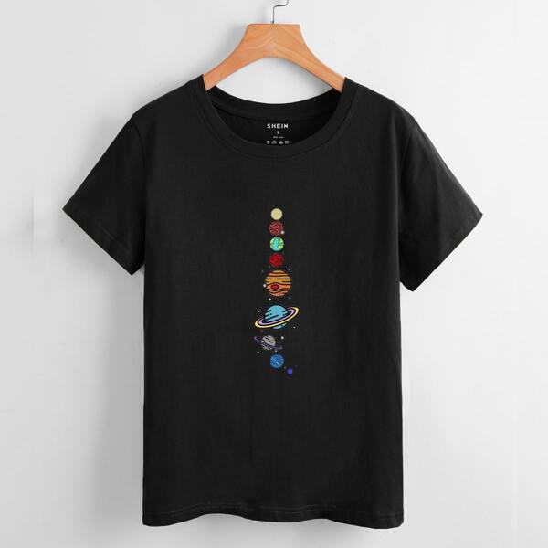 

Planet Print Round Neck Tee, Black