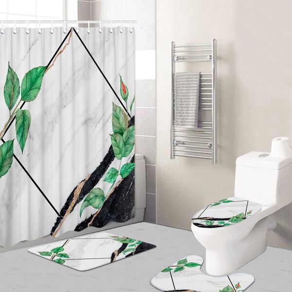 

1pc Leaf Print Bath Mat Or 1pc Shower Curtain, Multicolor