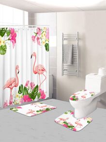 1pc Flamingo Print Bath Mat Or 1pc Shower Curtain - Multicolor - View 1