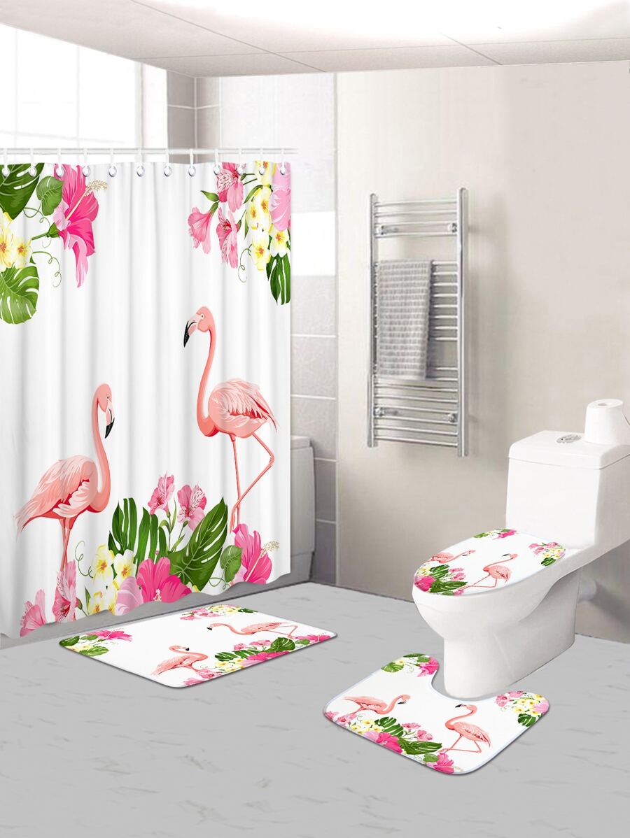 1pc Flamingo Print Bath Mat Or 1pc Shower Curtain - Multicolor - View 1
