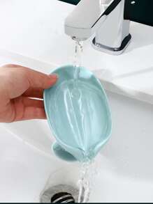 1pc Vertical Suction Cup Drain Soap Dish Holder,Creative Leaf Shaped Soap Rack For Kitchen & Bathroom - Blue - View 4