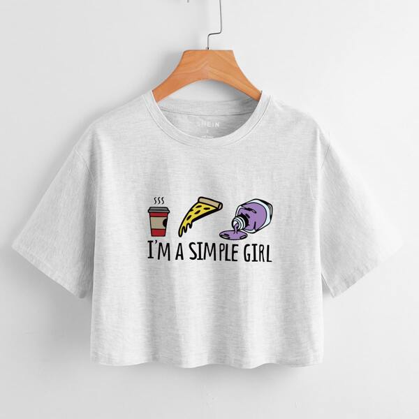 

Slogan & Cartoon Graphic Tee, Light grey