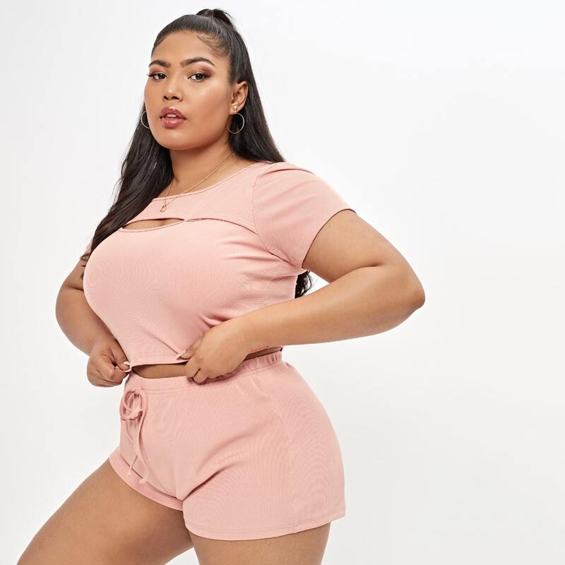 

Plus Cut Out Crop Tee & Drawstring Shorts Pajama Set, Dusty pink