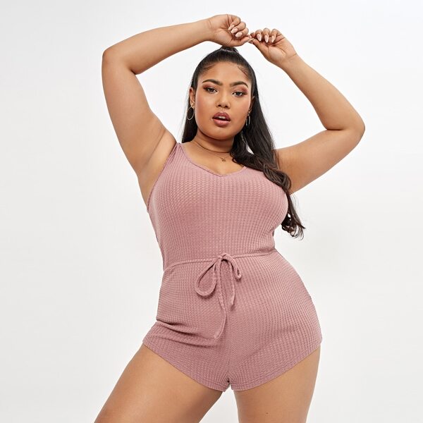 

Plus Solid Tie Front Sleep Romper, Dusty pink