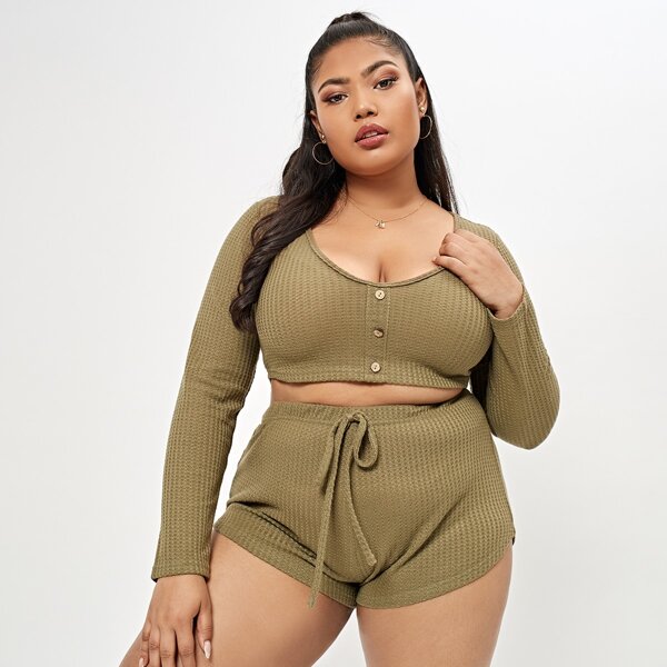 

Plus Solid Crop Tee & Drawstring Shorts Pajama Set, Army green