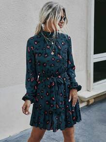 SHEIN LUNE Vestido con cinturón con estampado con cordón trasero bajo con fruncido - Agua verde azul - Ver 4