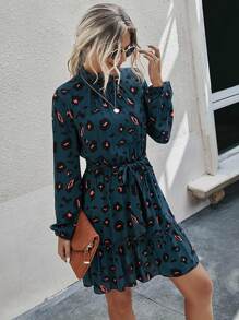 SHEIN LUNE Vestido con cinturón con estampado con cordón trasero bajo con fruncido - Agua verde azul - Ver 3