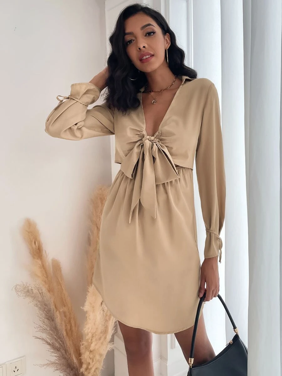 SHEIN LUNE Bow Front Knotted Cuff Peekaboo Dress - Khaki - View 1