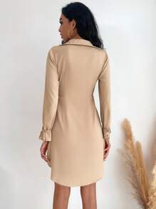 SHEIN LUNE Bow Front Knotted Cuff Peekaboo Dress - Khaki - View 2