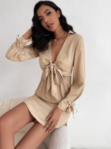 SHEIN LUNE Bow Front Knotted Cuff Peekaboo Dress - Khaki - View 4