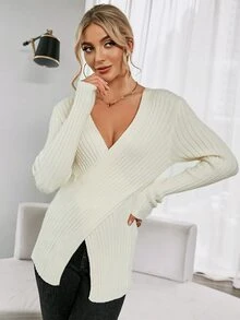 SHEIN Essnce Rib-Knit Wrap Jumper - Apricot - View 3