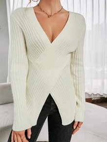 SHEIN Essnce Rib-Knit Wrap Jumper - Apricot - View 6