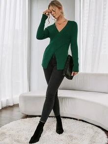 SHEIN Essnce Ribbed Knit Cross Wrap Front Jumper - Dark Green - View 3