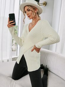SHEIN Essnce Rib-Knit Wrap Jumper - Apricot - View 7