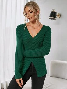 SHEIN Essnce Ribbed Knit Cross Wrap Front Jumper - Dark Green - View 4