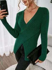 SHEIN Essnce Ribbed Knit Cross Wrap Front Jumper - Dark Green - View 6