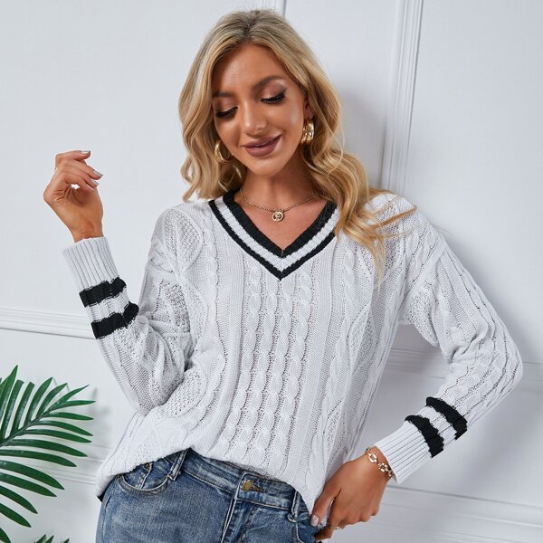 

Drop Shoulder Cable Knit Sweater, White