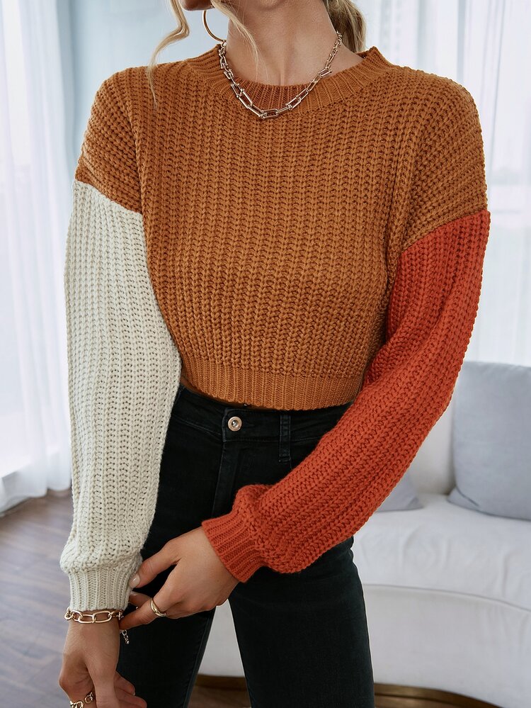 Colorblock Drop Shoulder Crop Jumper - Brown - View 4