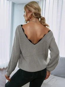 Lace Trimed V Back Jumper - Grey - View 2