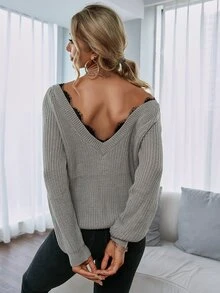 Lace Trimed V Back Jumper - Grey - View 4