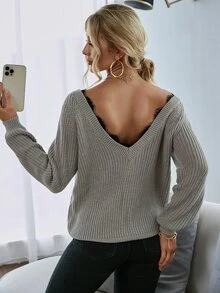 Lace Trimed V Back Jumper - Grey - View 5