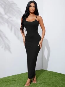 SHEIN SXY Solid Waffle Knit Dress - Black - View 5