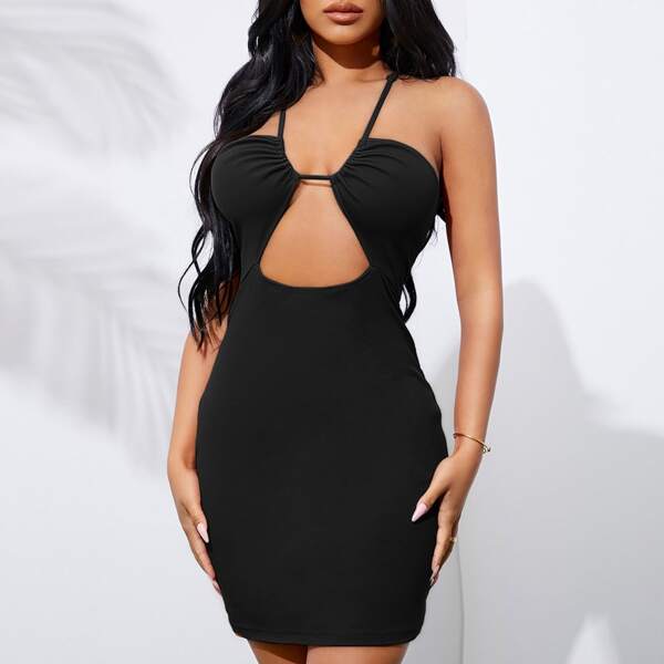

Cut Out Ruched Criss Cross Back Bodycon Dress, Black