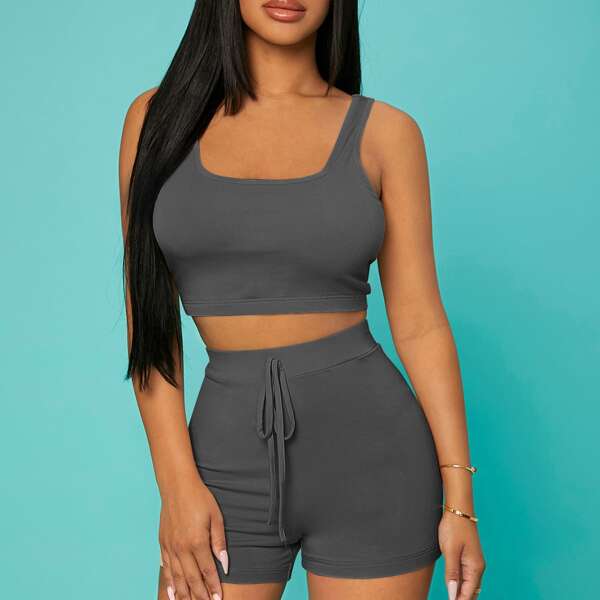 

Solid Crop Tank Top & Knot Waist Shorts Set, Dark grey