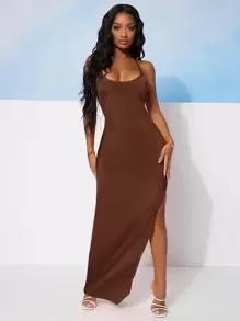 SHEIN SXY Đầm Lộ Lưng Ren lên Tách cao màu trơn Gợi cảm - Màu nâu Sô-cô-la - Xem 3