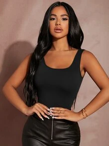 SHEIN SXY Áo hai dây màu trơn Giải trí - màu đen - Xem 3