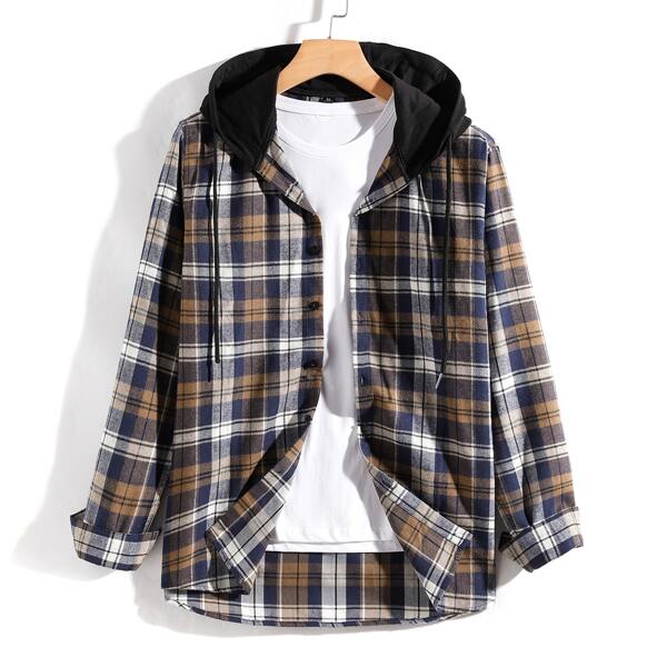 

Men Tartan Button Up Hooded Shirt, Multicolor