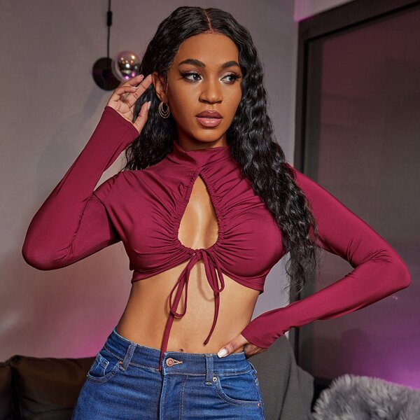 

Mock Neck Ruched Drawstring Knot Crop Tee, Burgundy