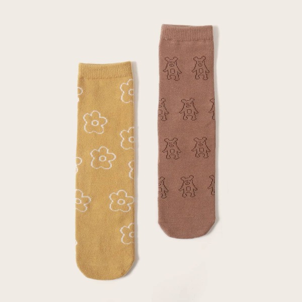

2pairs Toddler Kids Flower Print Crew Socks, Multicolor