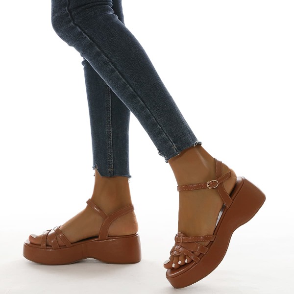 

Criss Cross Wedge Strappy Sandals, Brown