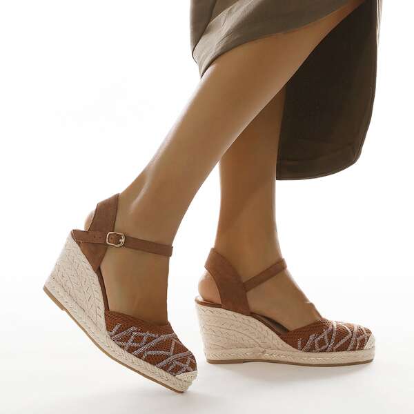 

Geometric Graphic Ankle Strap Espadrille Wedge Sandals, Brown