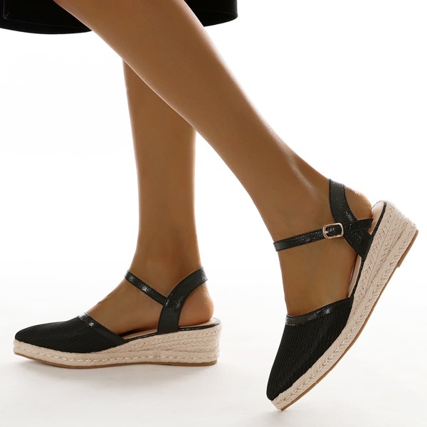 

Knit Detail Ankle Strap Espadrille Wedge Sandals, Black