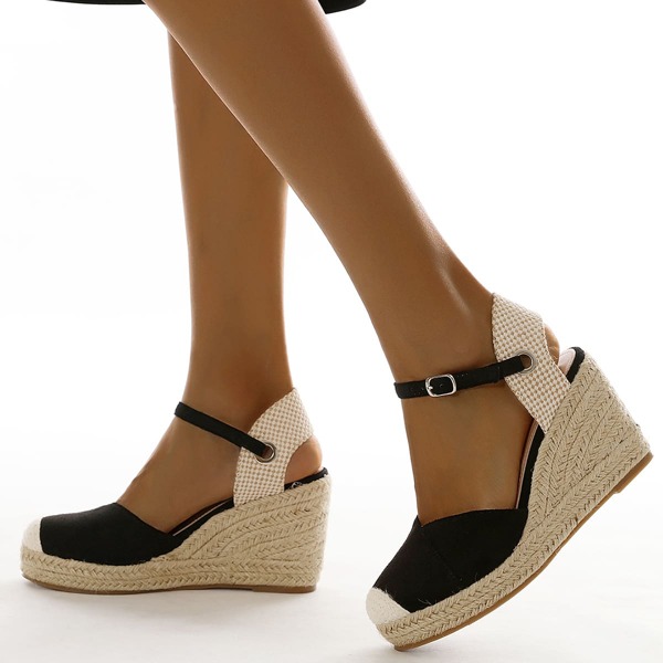 

Suede Ankle Strap Espadrille Wedge Sandals, Black