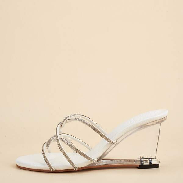 

Rhinestone Decor Wedge Strappy Sandals, White