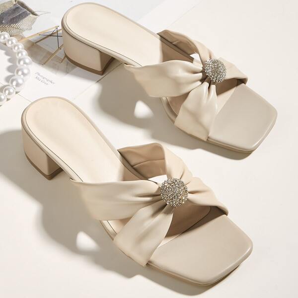 

Rhinestone Decor Chunky Heeled Slide Sandals, Beige