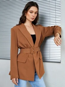 SHEIN Áo vest Thắt lưng Thùa khuyết màu trơn Thanh lịch - màu nâu - Xem 3